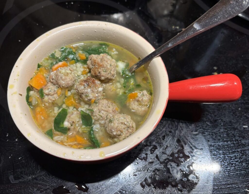 This is a picture of the finished Italian wedding soup.