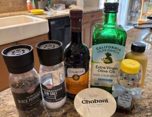 These are the ingredients for creamy balsamic vinaigrette with Greek yogurt.